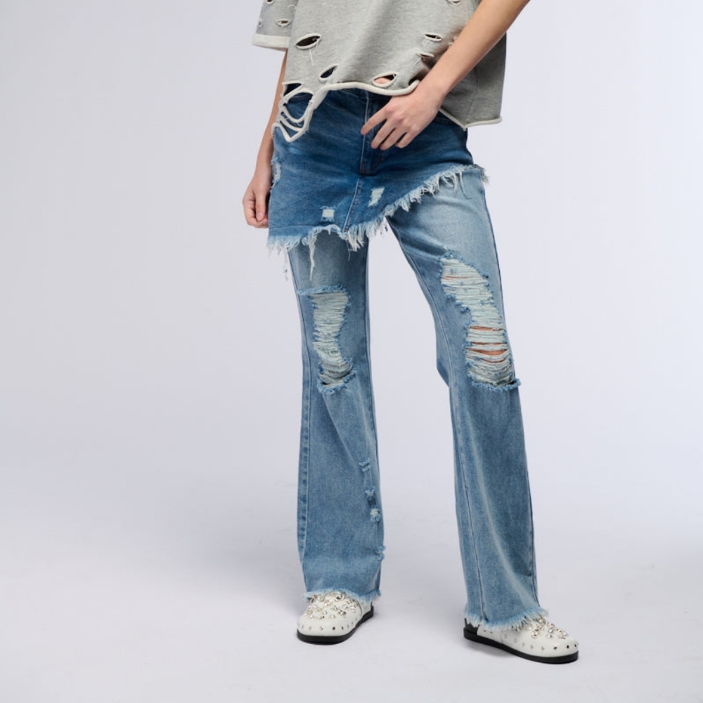 Callie Lives Stasia YMe AKIRA Distressed Skirt Straight Leg Denim Jeans 3 - Picture 2 of 8